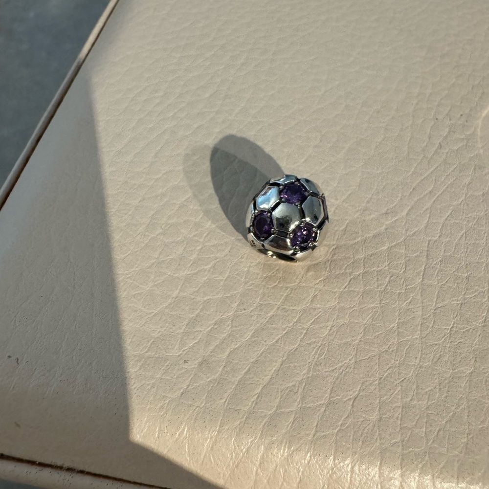 Authentic Pandora Retired Sterling Silver Soccer Ball Charm with Purple Zirconia